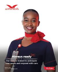 Smiling Skyward Airlines cabin crew member in uniform with red scarf